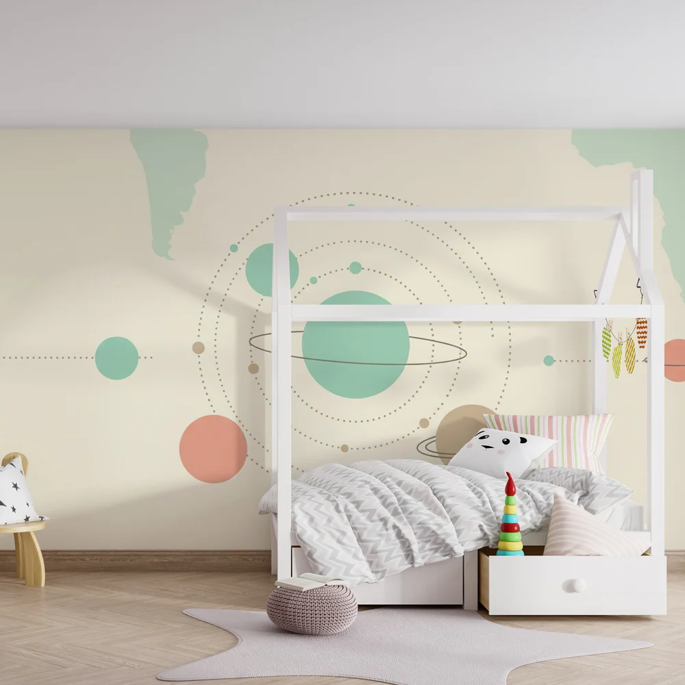 Tapet barnerom | Minimalistisk univers og fargerike planeter