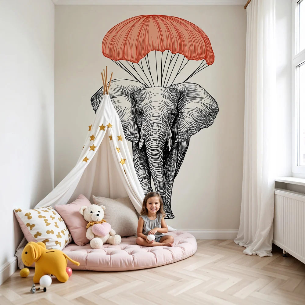 Tapet barnerom | Morsom fallskjerm-elefant