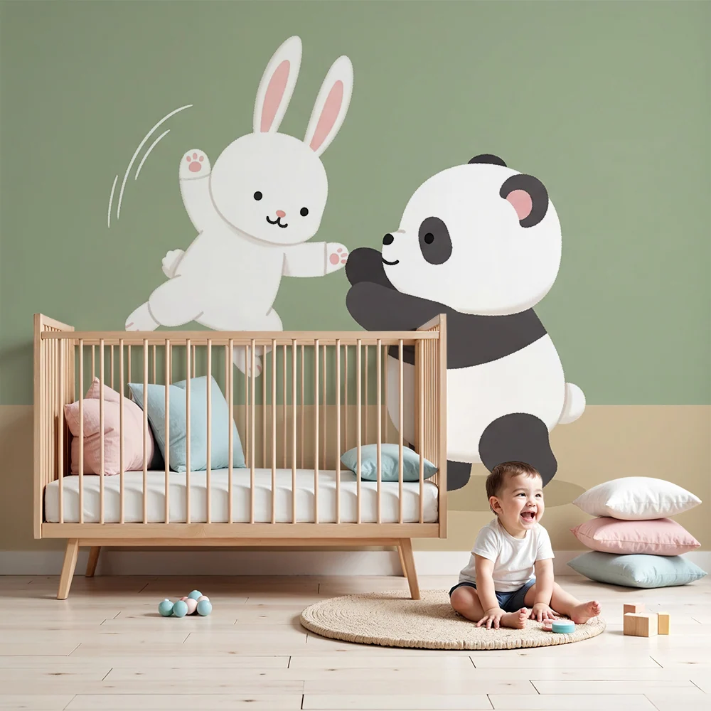 Tapet barnerom | Morsomme panda og leken kanin