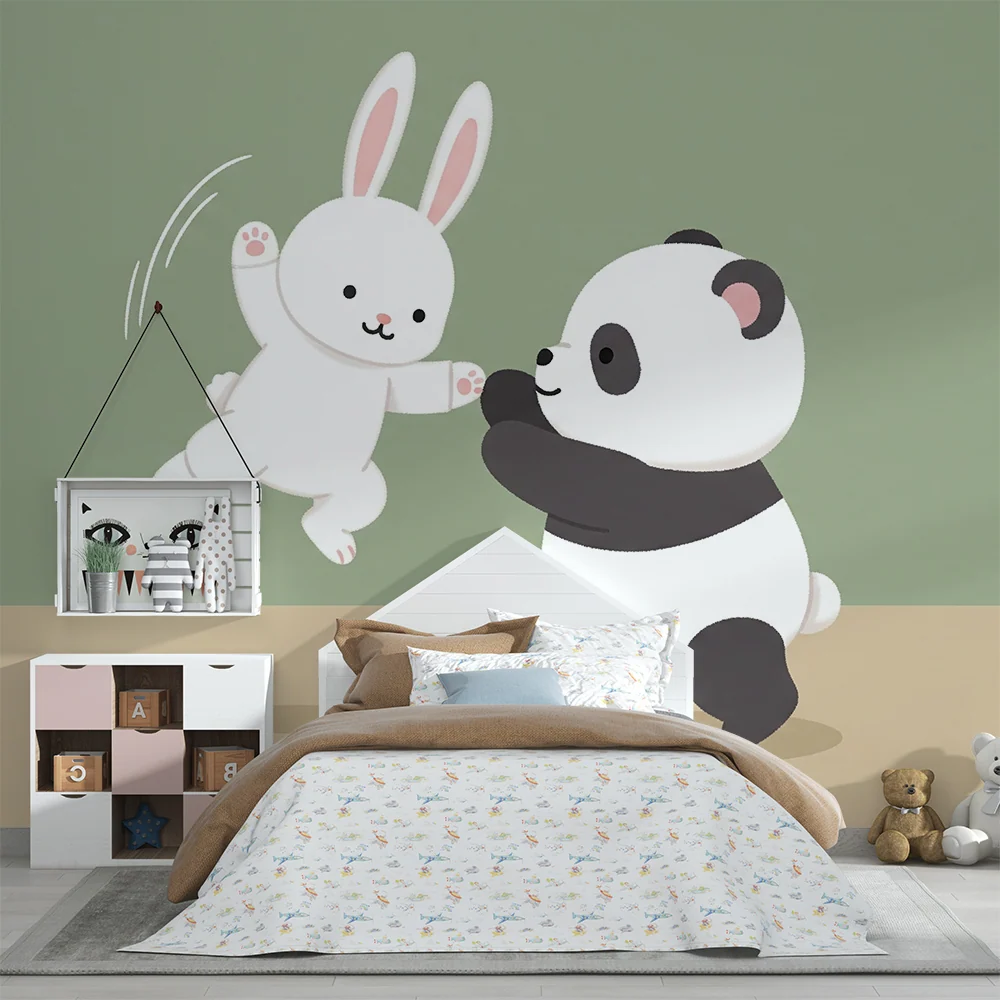 Tapet barnerom | Morsomme panda og leken kanin