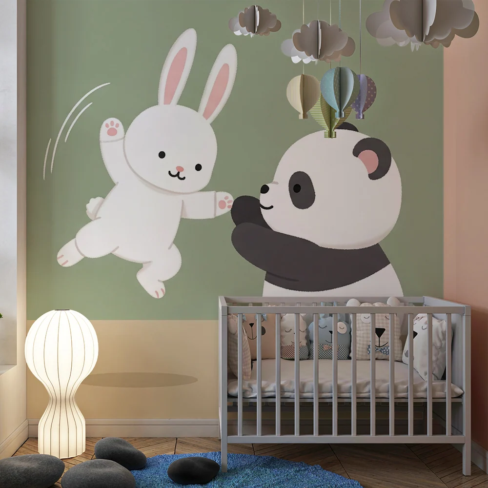 Tapet barnerom | Morsomme panda og leken kanin