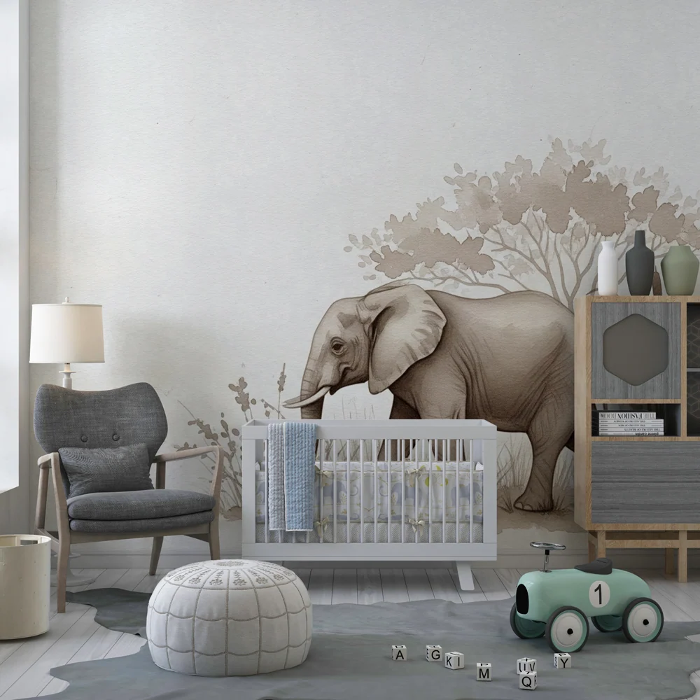 Tapet barnerom | Myk safari med elefant og sebra