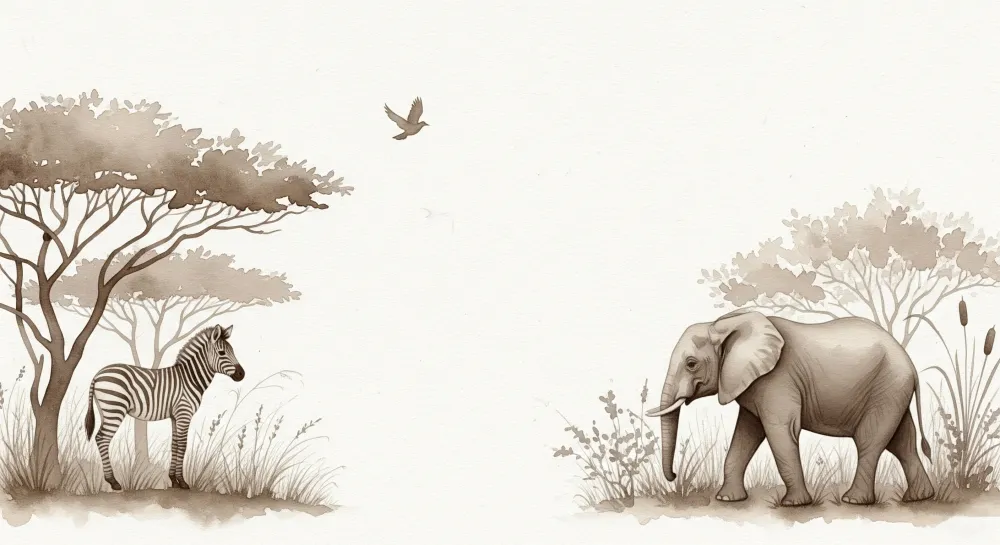 Tapet barnerom | Myk safari med elefant og sebra
