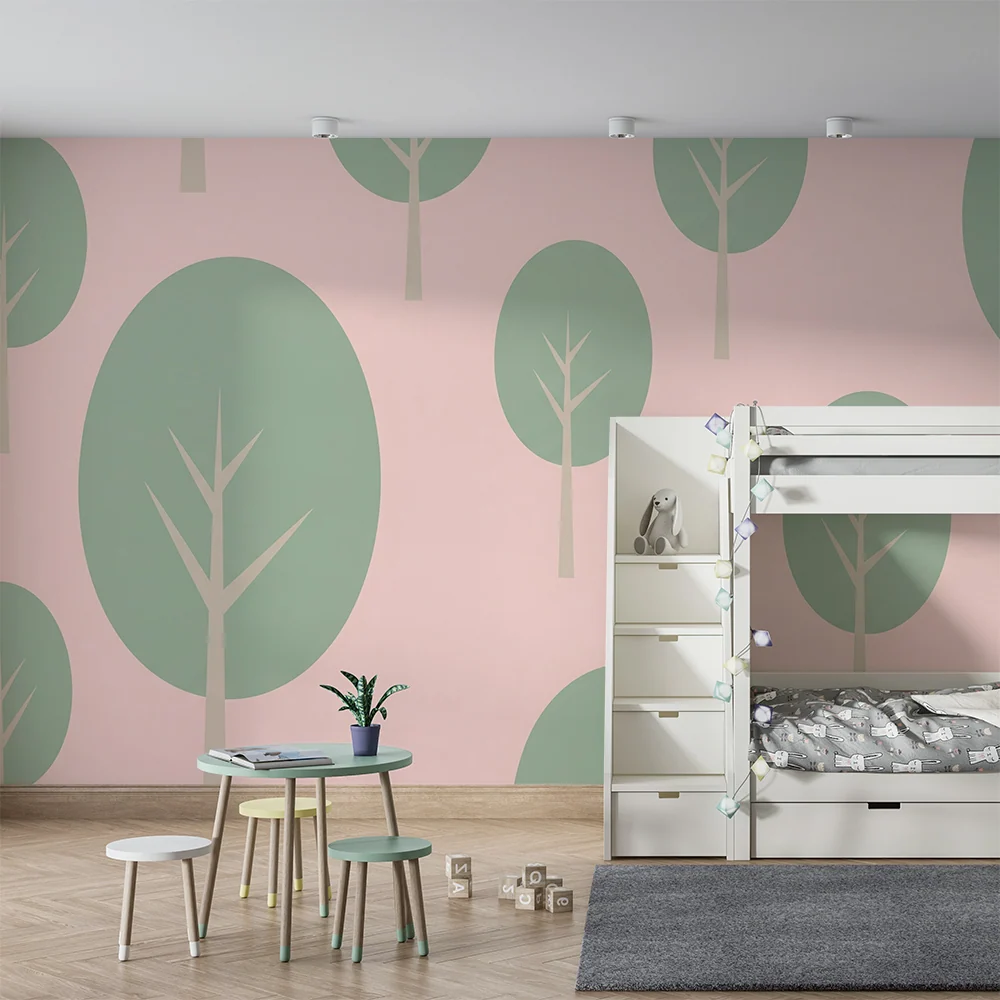 Tapet barnerom | Myk skog på rosa bakgrunn