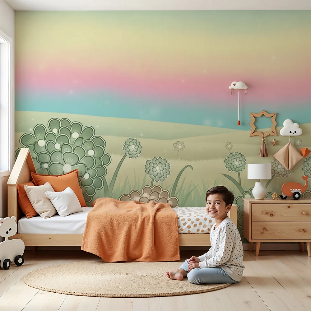Tapet barnerom | Myke blomster og pastellhimmel