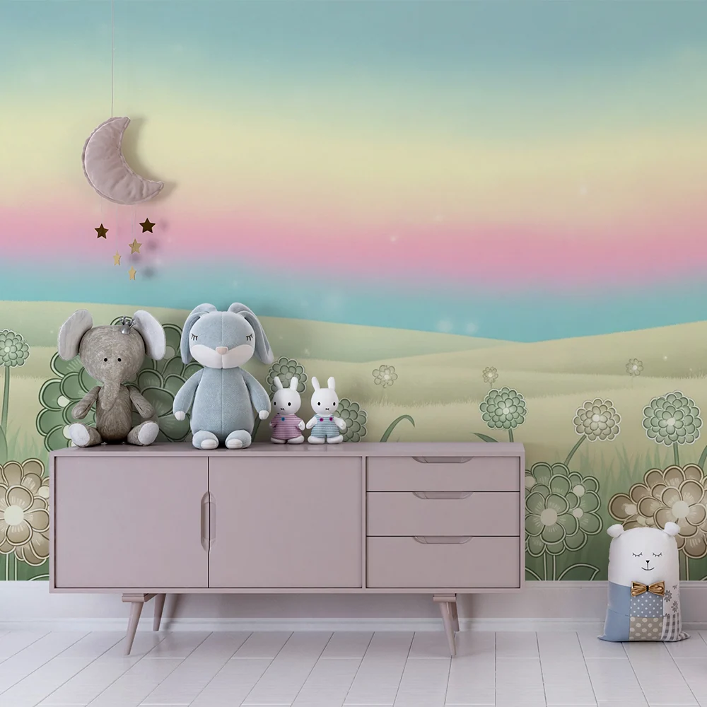Tapet barnerom | Myke blomster og pastellhimmel