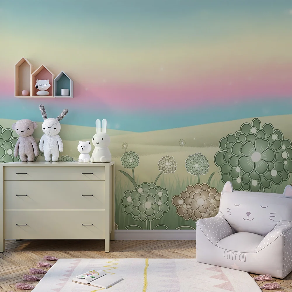 Tapet barnerom | Myke blomster og pastellhimmel