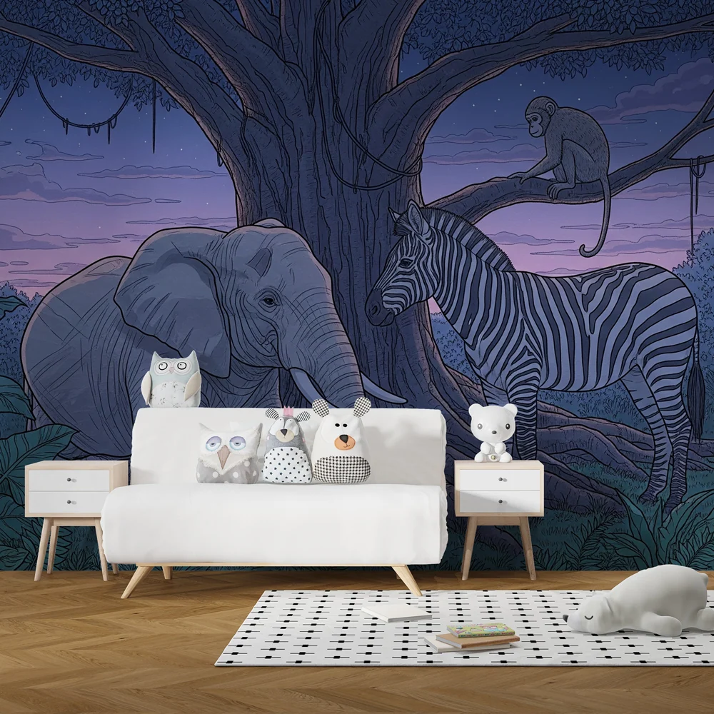 Tapet barnerom | Nattlig safari med elefant, sebra og ape