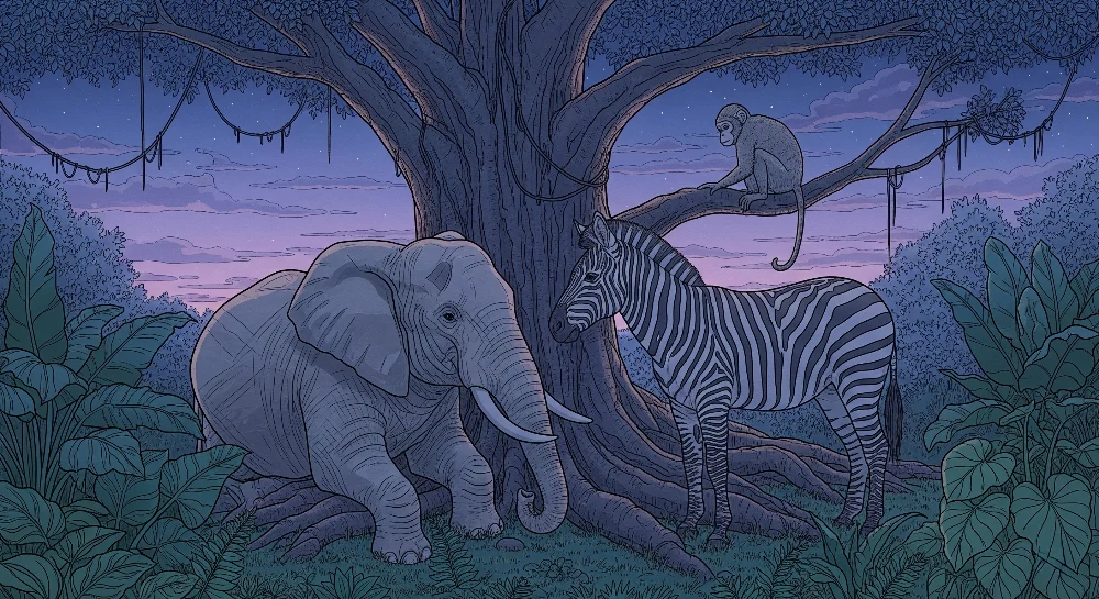 Tapet barnerom | Nattlig safari med elefant, sebra og ape