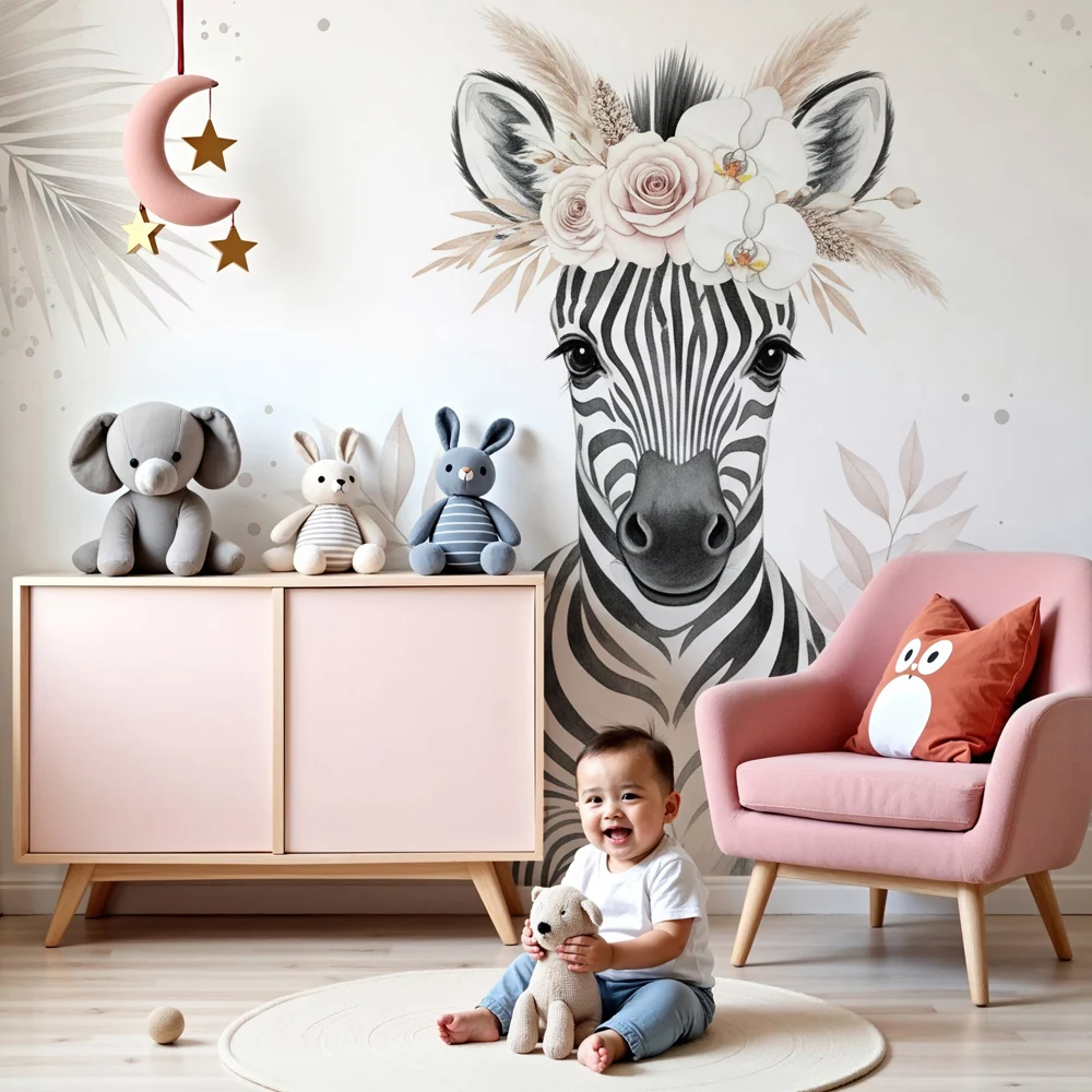 Tapet barnerom | Nydelig blomsterzebra en delikat stemning