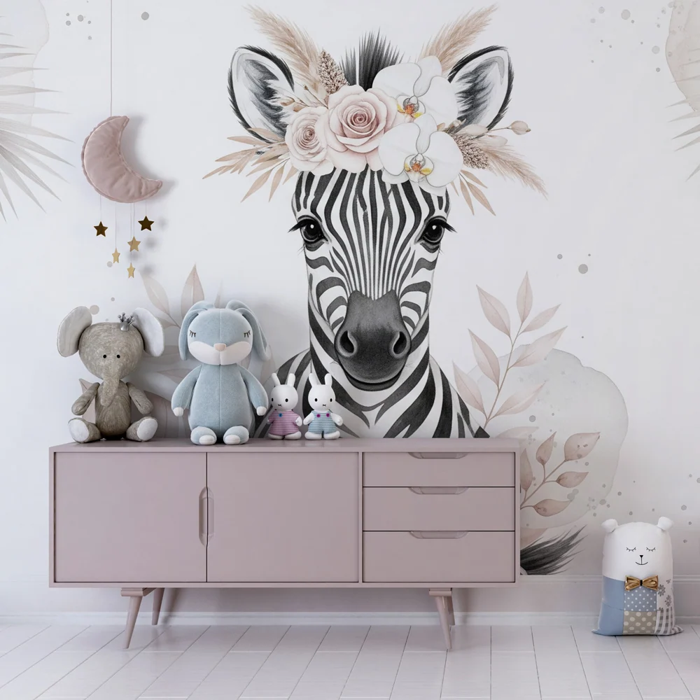 Tapet barnerom | Nydelig blomsterzebra en delikat stemning