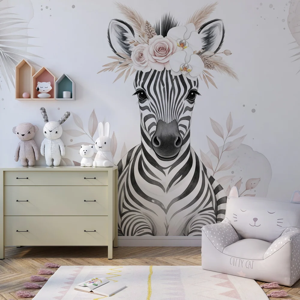 Tapet barnerom | Nydelig blomsterzebra en delikat stemning