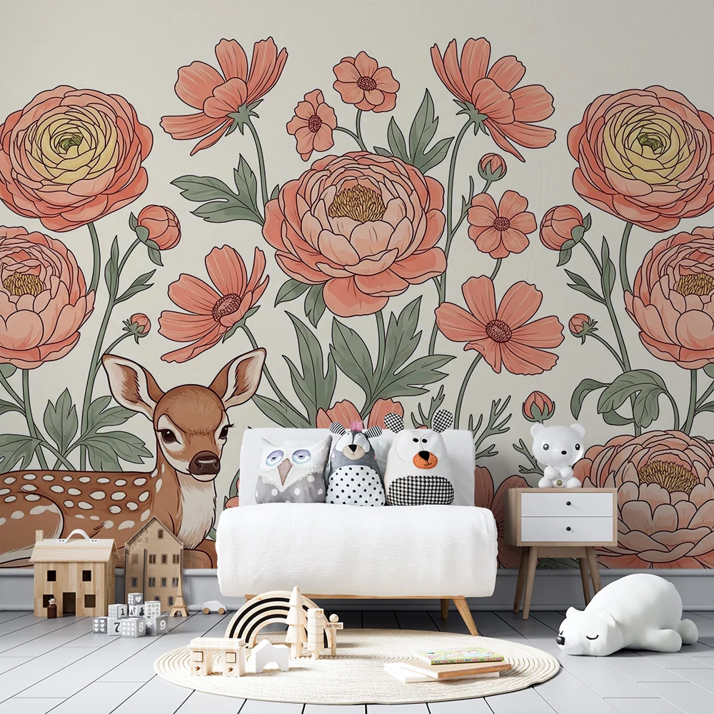 Tapet barnerom | Nydelig hjort og delikate blomster
