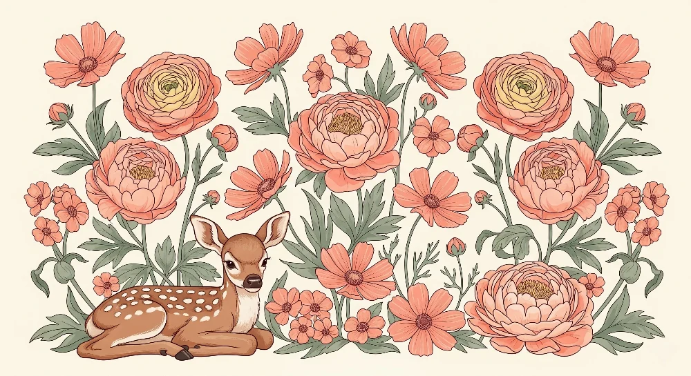Tapet barnerom | Nydelig hjort og delikate blomster