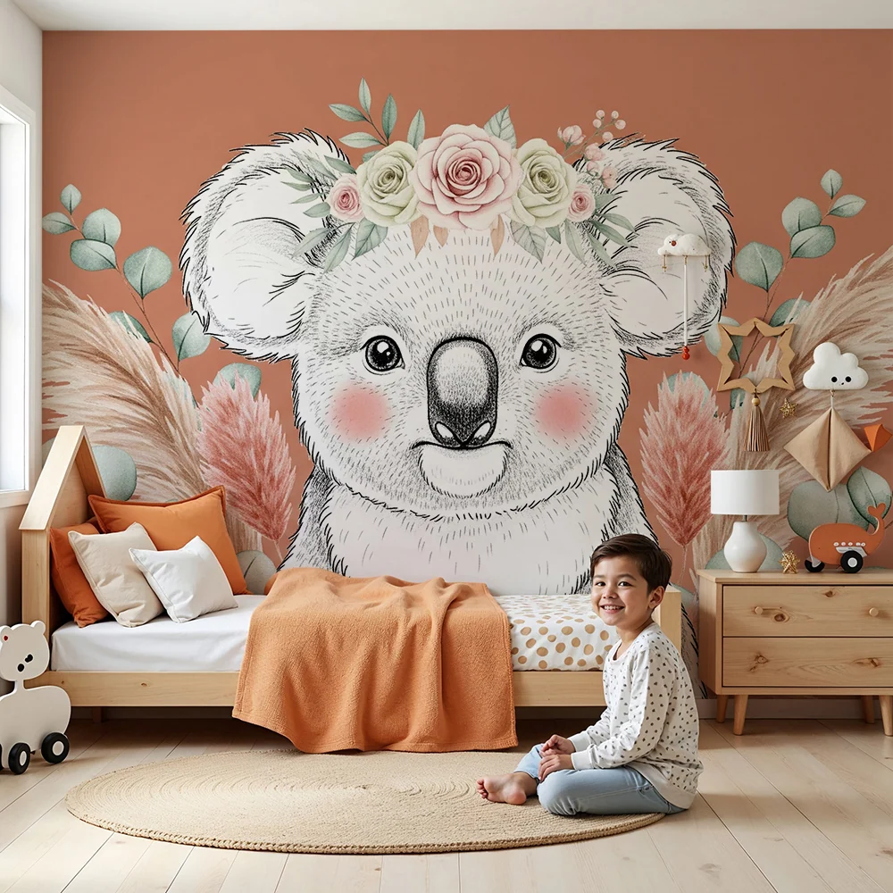 Tapet barnerom | Nydelig koala med blomster