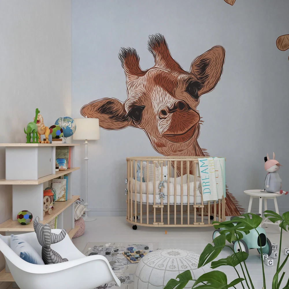 Tapet barnerom | Nysgjerrig giraff under en azurblå himmel