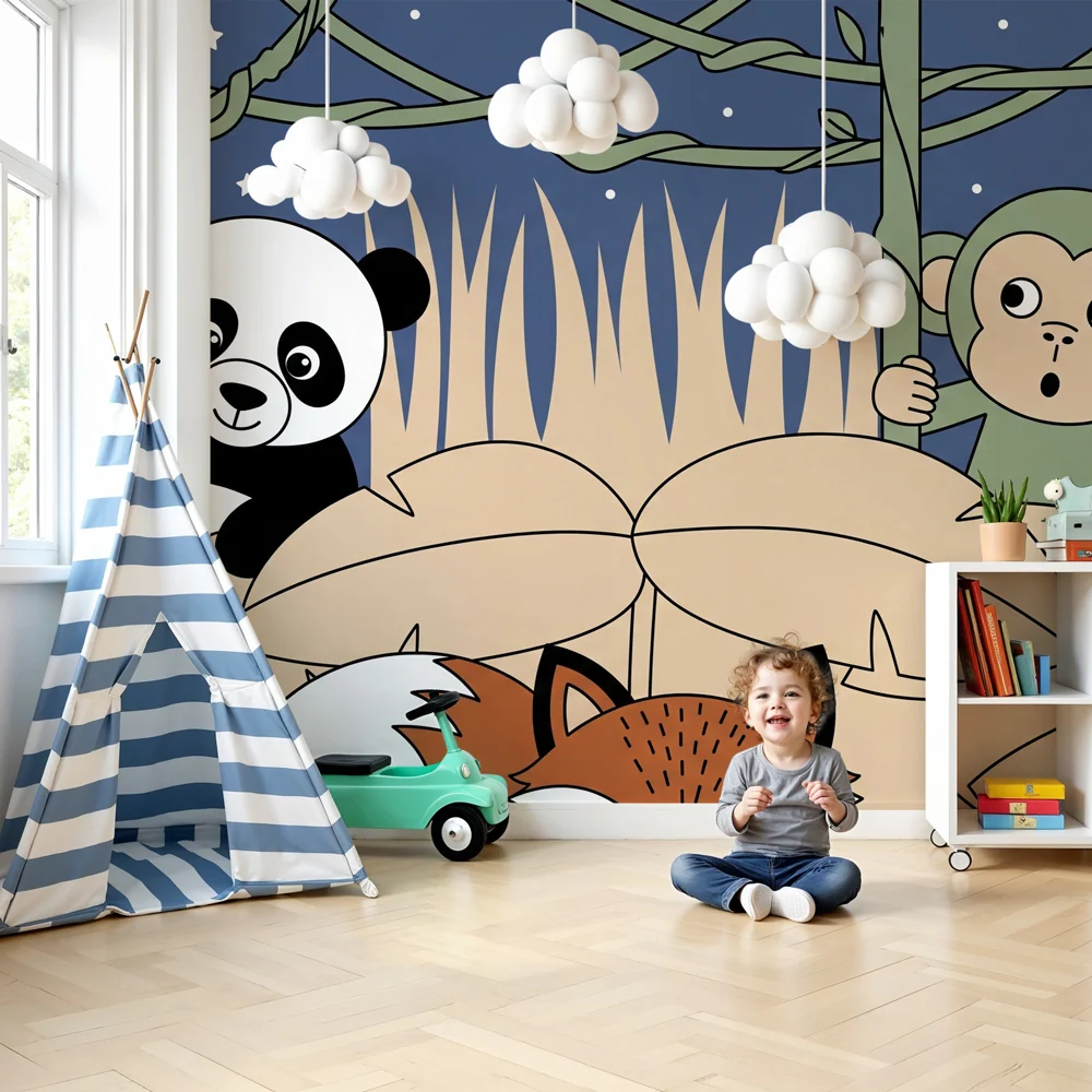 Tapet barnerom | Panda og apekatt i nattjungelen