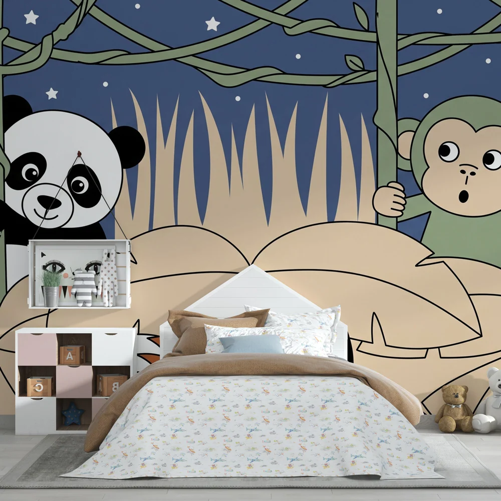Tapet barnerom | Panda og apekatt i nattjungelen