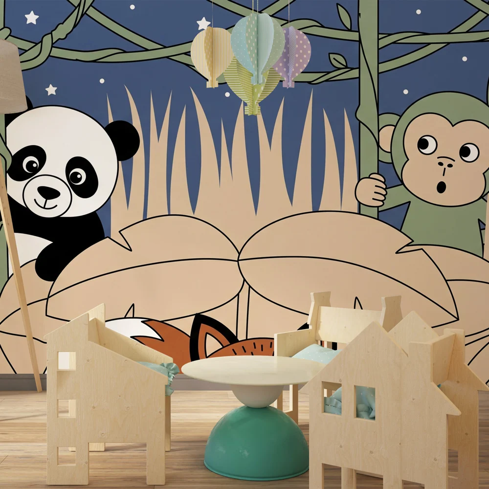 Tapet barnerom | Panda og apekatt i nattjungelen