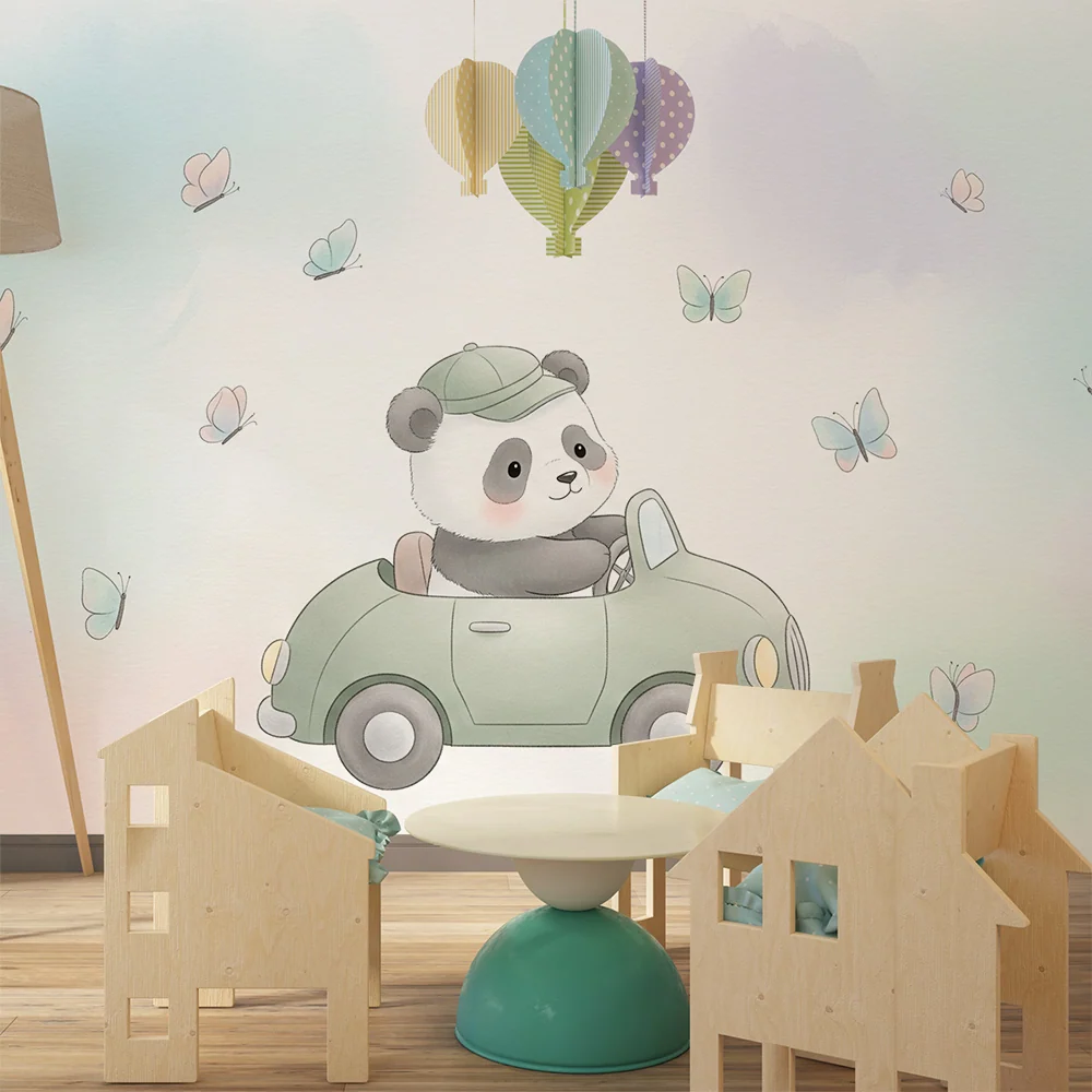 Tapet barnerom | Søt panda i bil med sommerfugler
