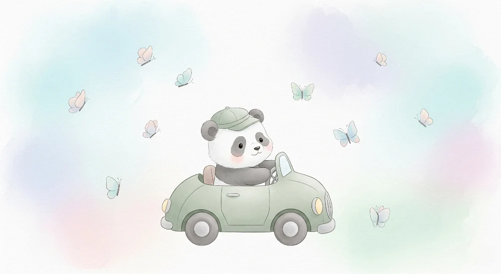 Tapet barnerom | Søt panda i bil med sommerfugler