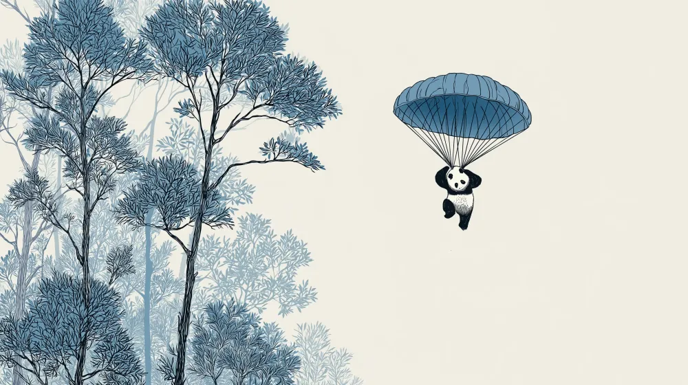 Tapet barnerom | Panda i fallskjerm midt i naturen