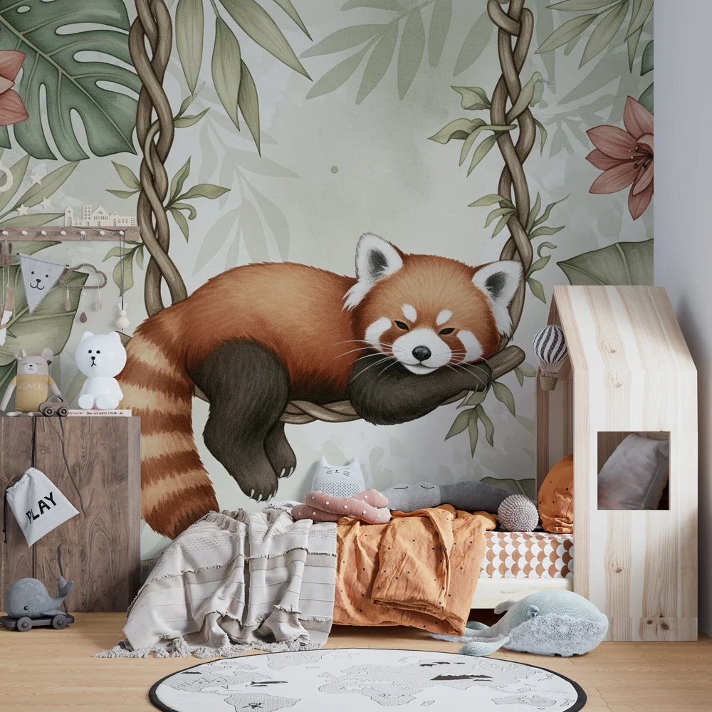 Tapet barnerom | Søt rød panda henger blant blomstene
