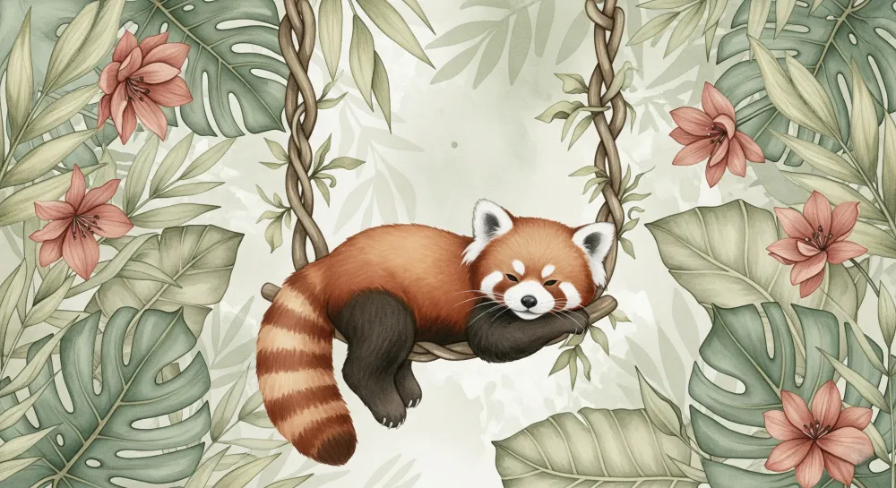 Tapet barnerom | Søt rød panda henger blant blomstene