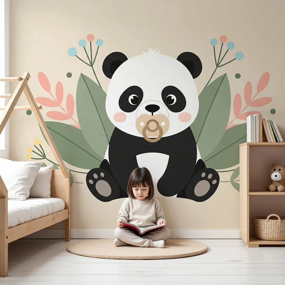 Tapet barnerom | Søt panda og pastellblomster