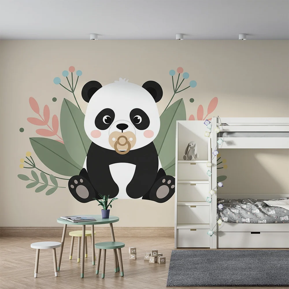 Tapet barnerom | Søt panda og pastellblomster