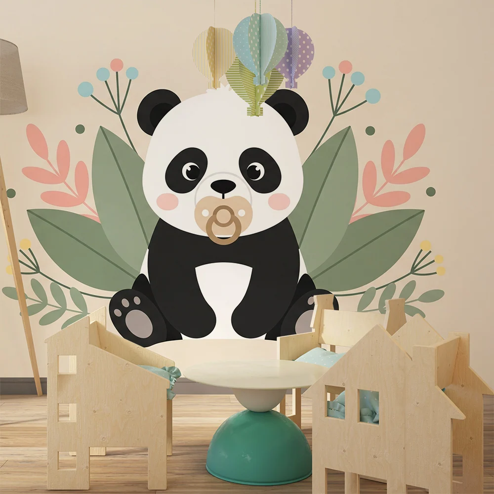 Tapet barnerom | Søt panda og pastellblomster
