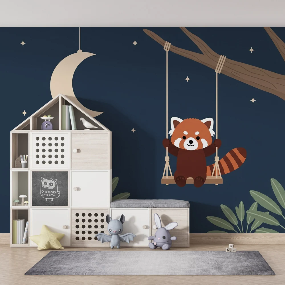 Tapet barnerom | Rød panda under en stjernehimmel