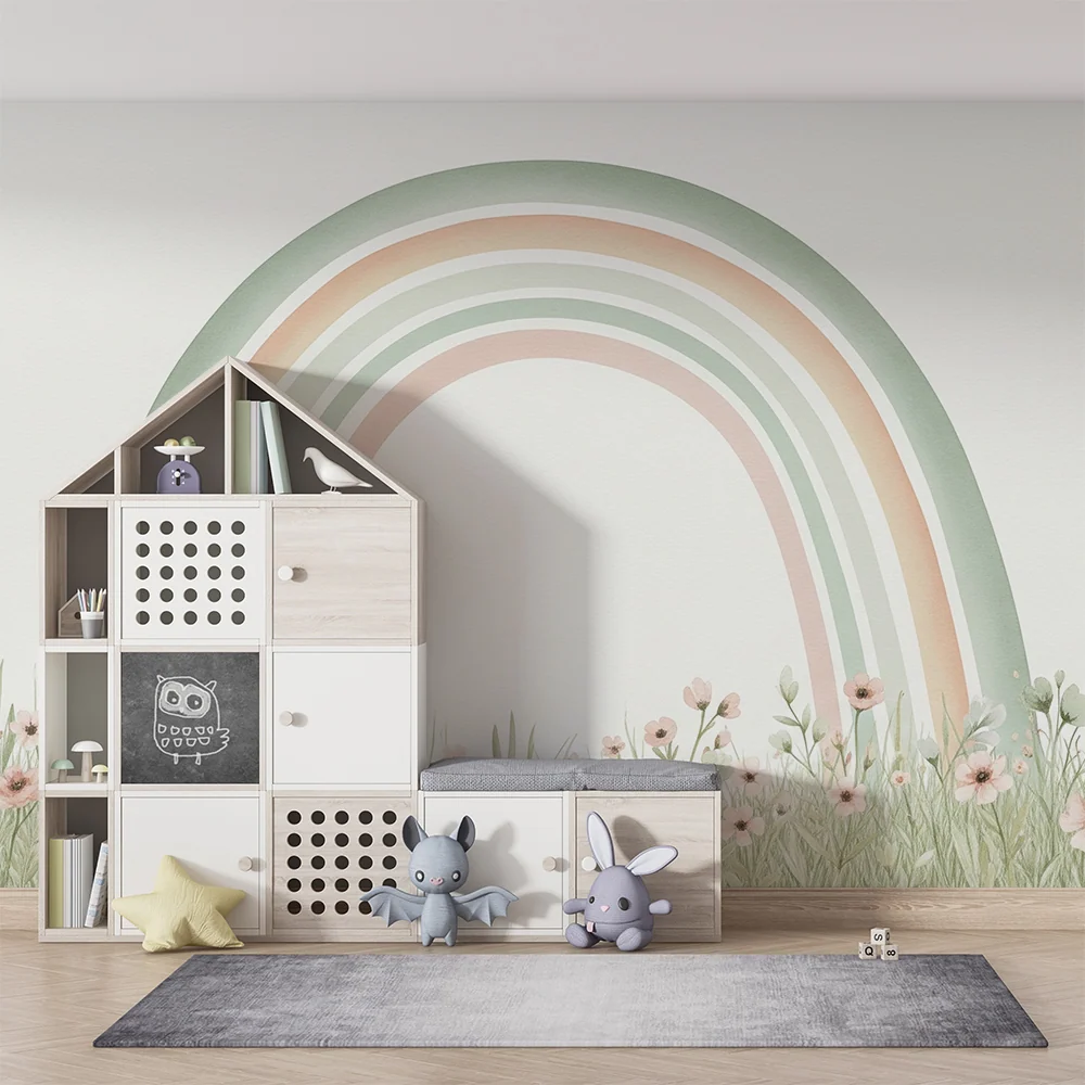 Tapet barnerom | Pastell regnbue og ville blomster