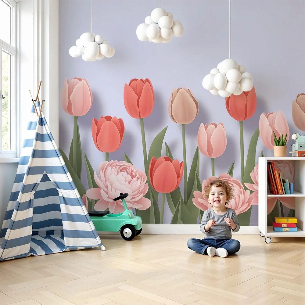 Tapet barnerom | Pastell tulipan buketter