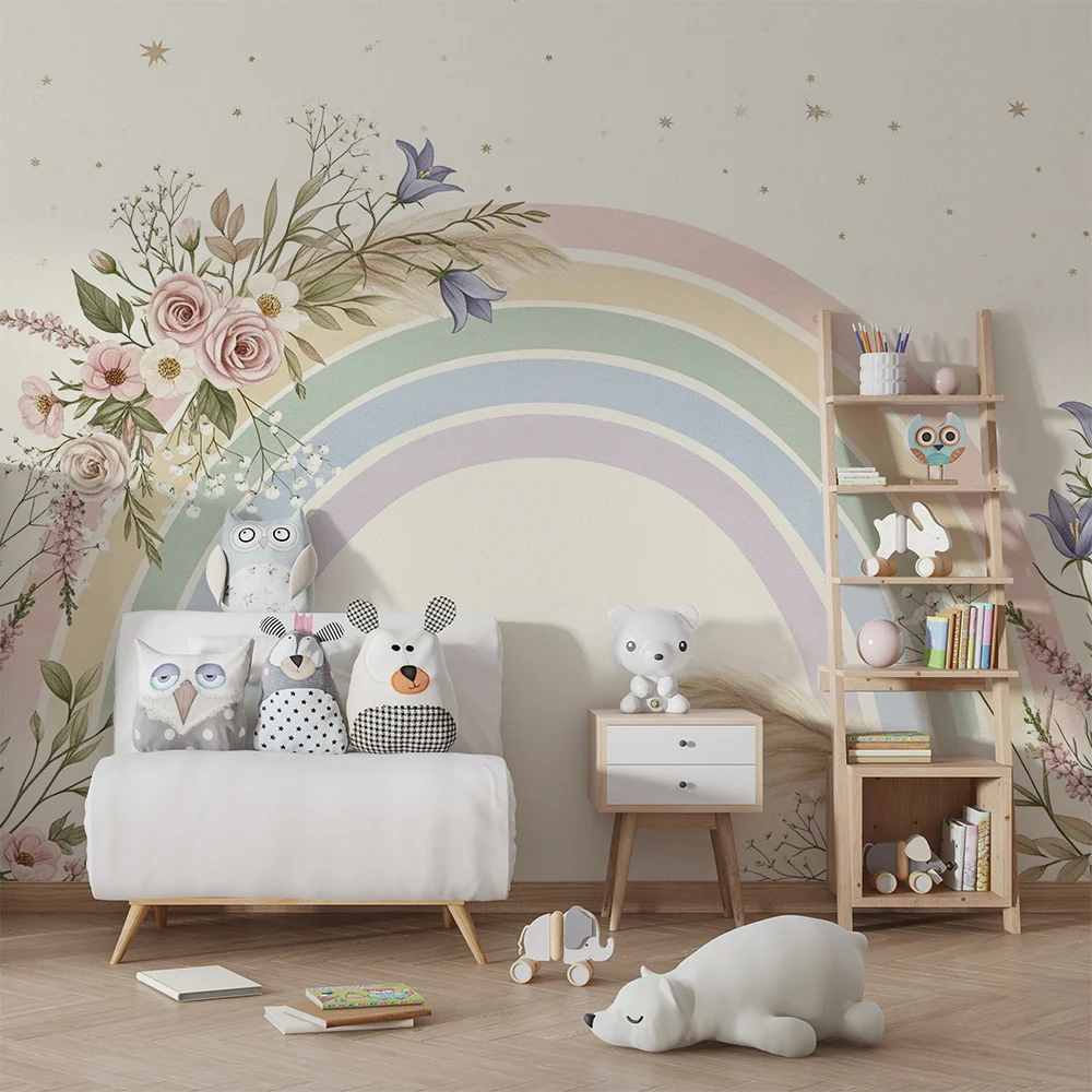 Tapet barnerom | Pastellregnbue omgitt av delikate blomster