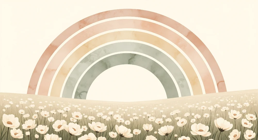 Tapet barnerom | Pastellregnbue over et felt av delikate blomster