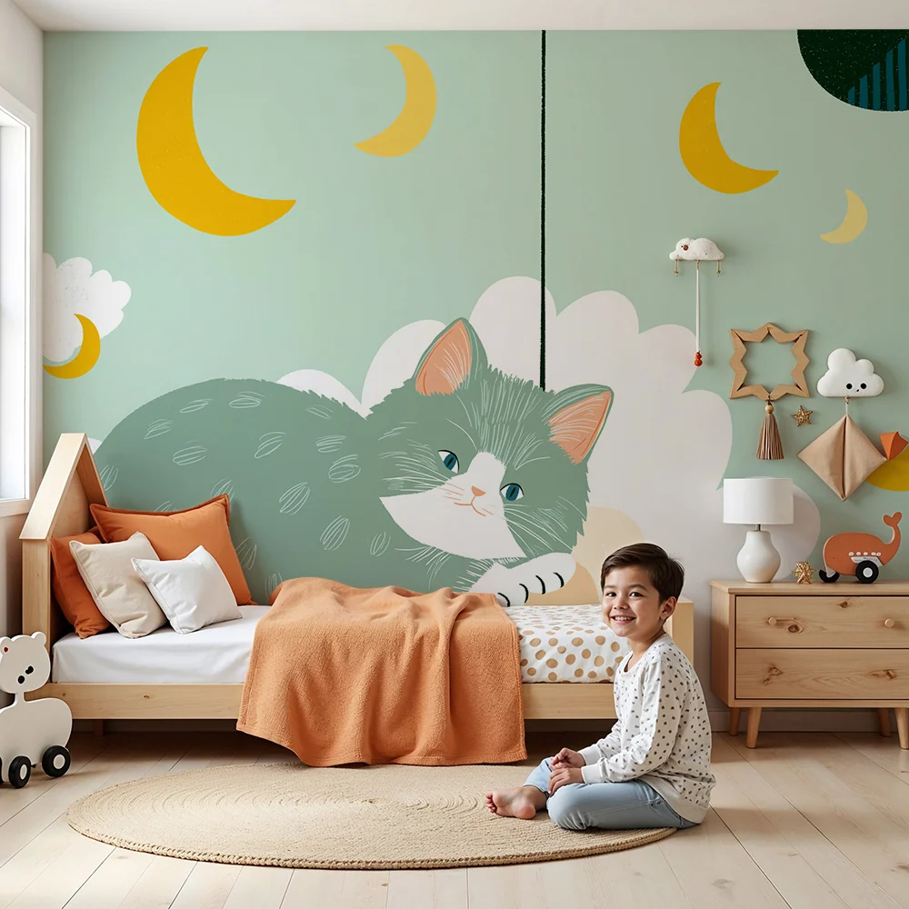 Tapet barnerom | Peaceful kitten on cloud golden moons