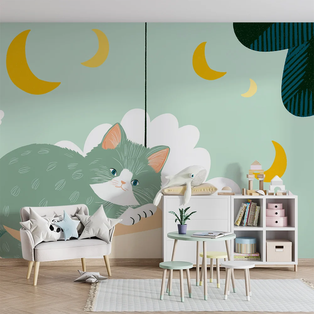 Tapet barnerom | Peaceful kitten on cloud golden moons