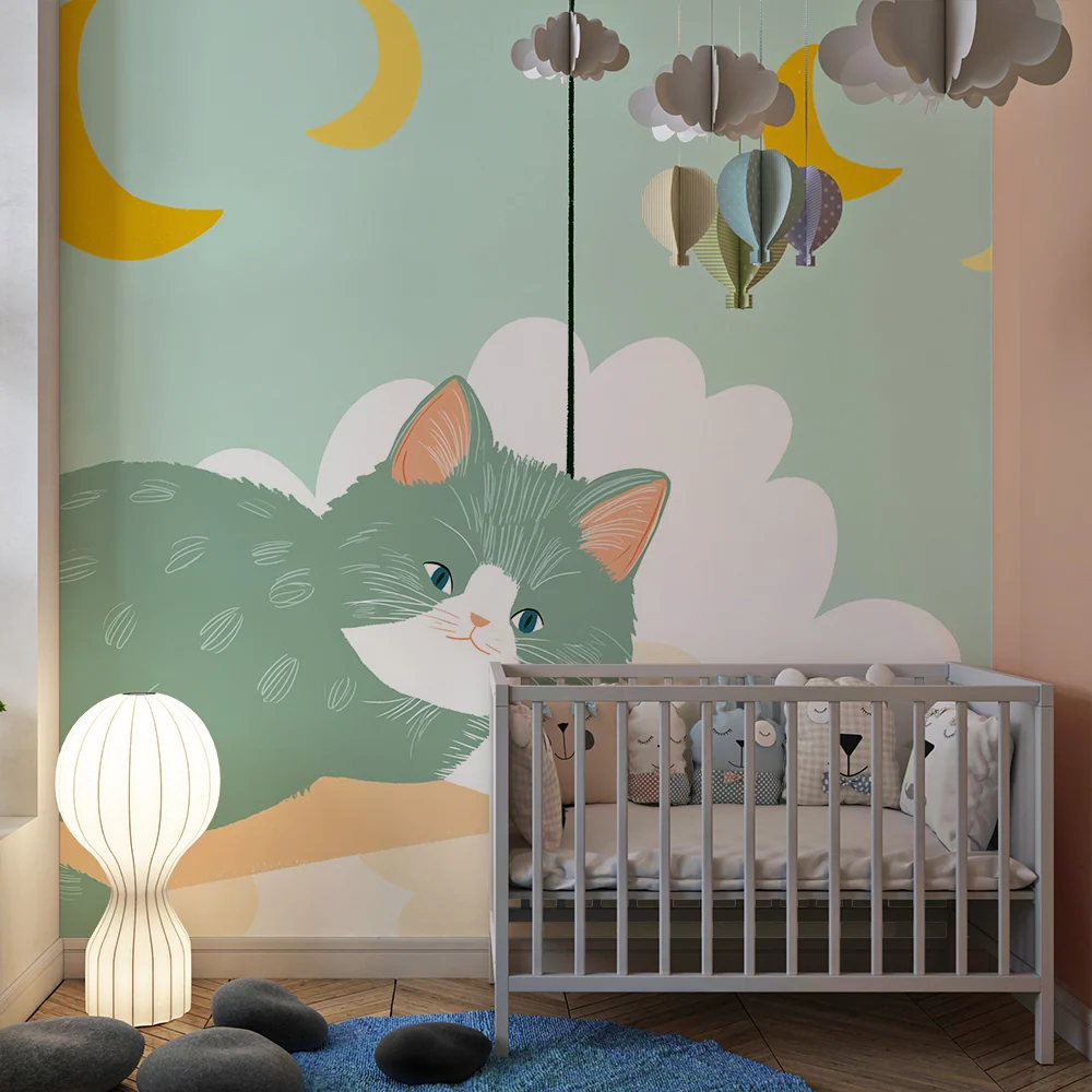 Tapet barnerom | Peaceful kitten on cloud golden moons