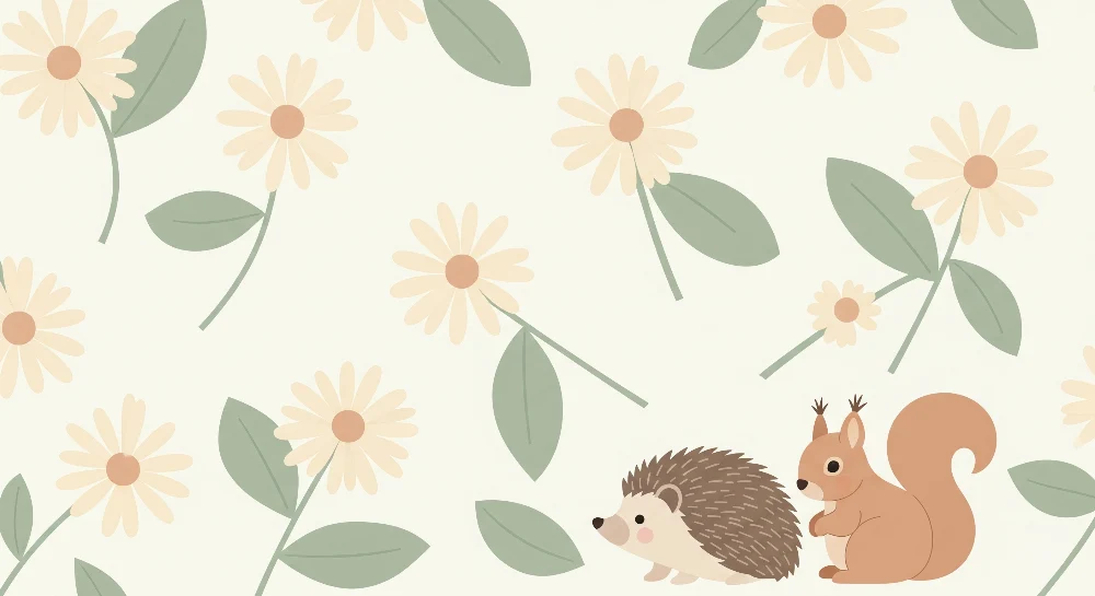 Tapet barnerom | Pinnsvin og ekorn blant blomstene