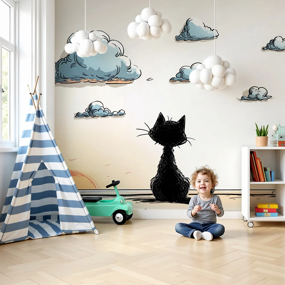 Tapet barnerom | Reflekterende katt og fredelig himmel