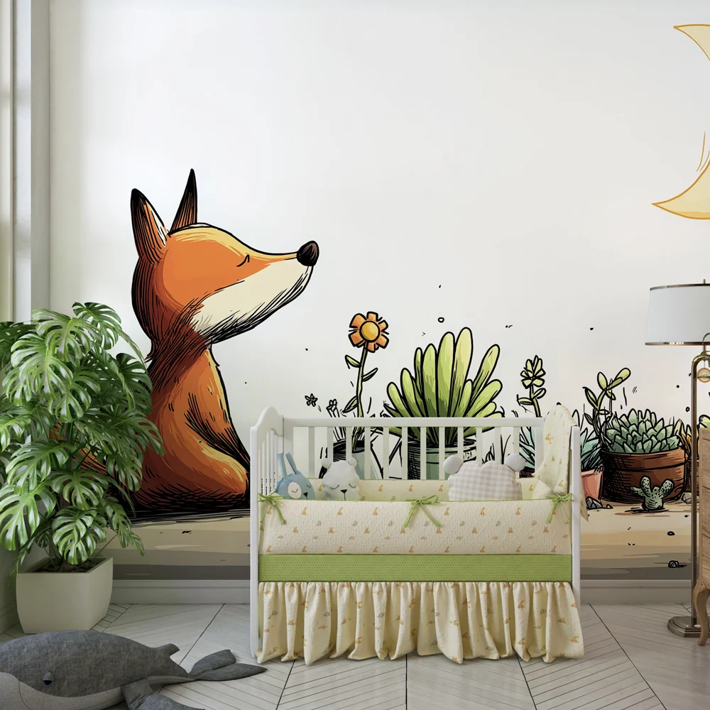 Tapet barnerom | Reflekterende rev og saftige planter