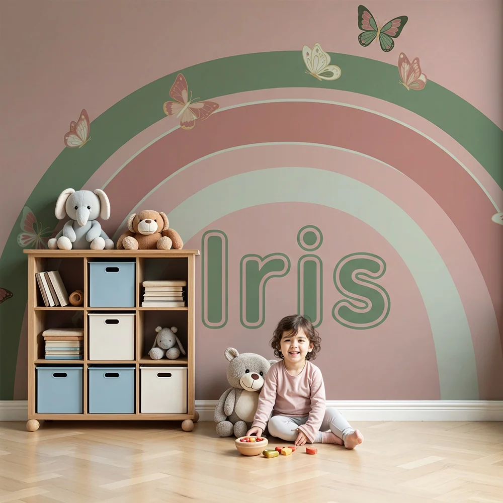 Tapet barnerom | Regnbue Iris med fargerike sommerfugler