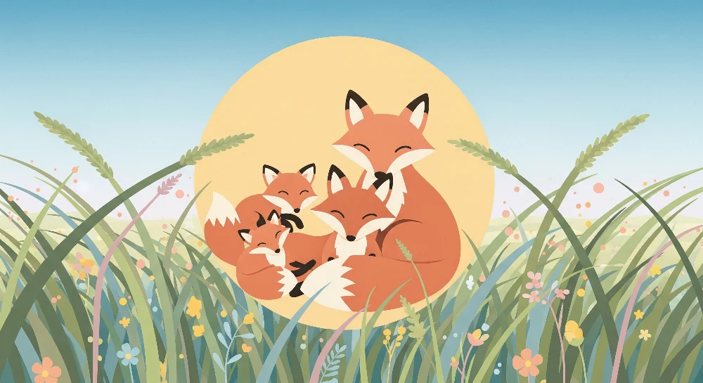 Tapet barnerom | Revfamilie i blomstereng under solen