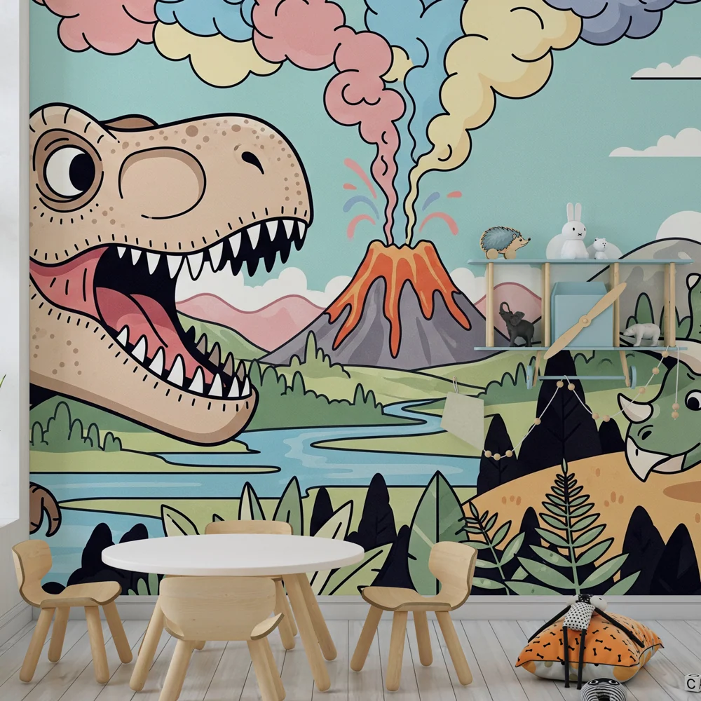 Tapet barnerom | T Rex og flerfarget vulkan