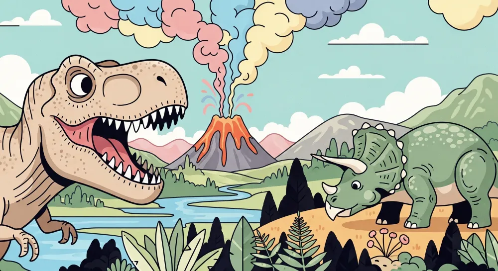 Tapet barnerom | T Rex og flerfarget vulkan