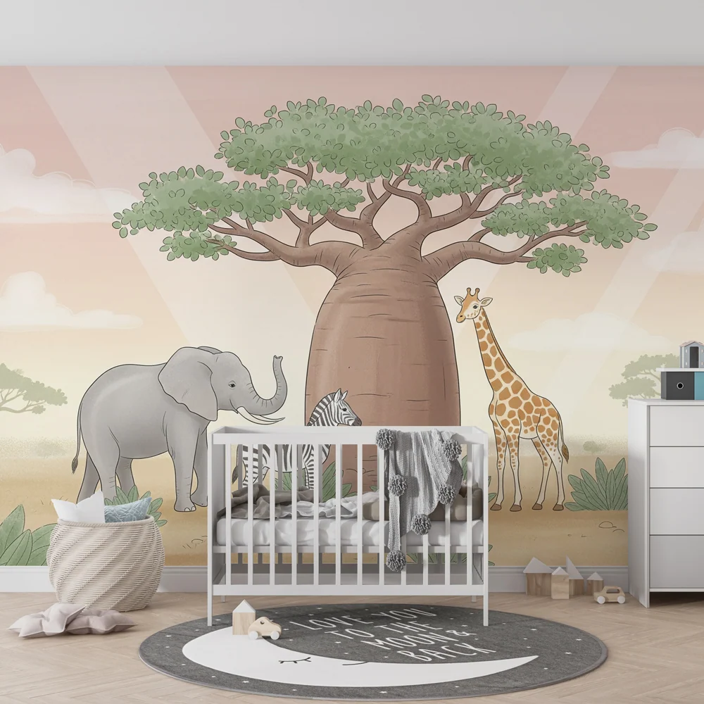 Tapet barnerom | Safari med elefant, sebra og giraff