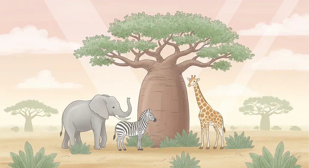 Tapet barnerom | Safari med elefant, sebra og giraff