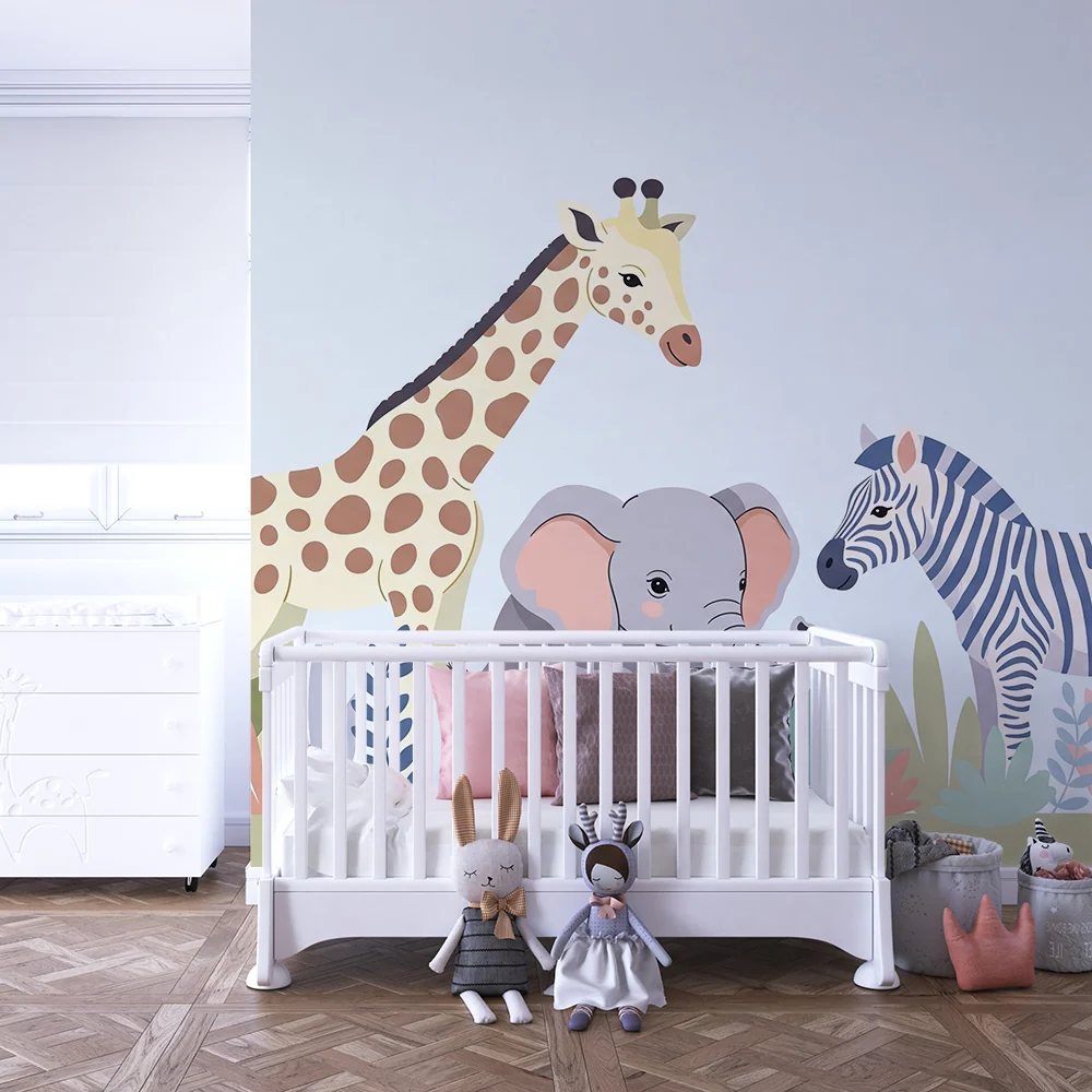 Tapet barnerom | Savannedyr med giraff, elefant og sebra