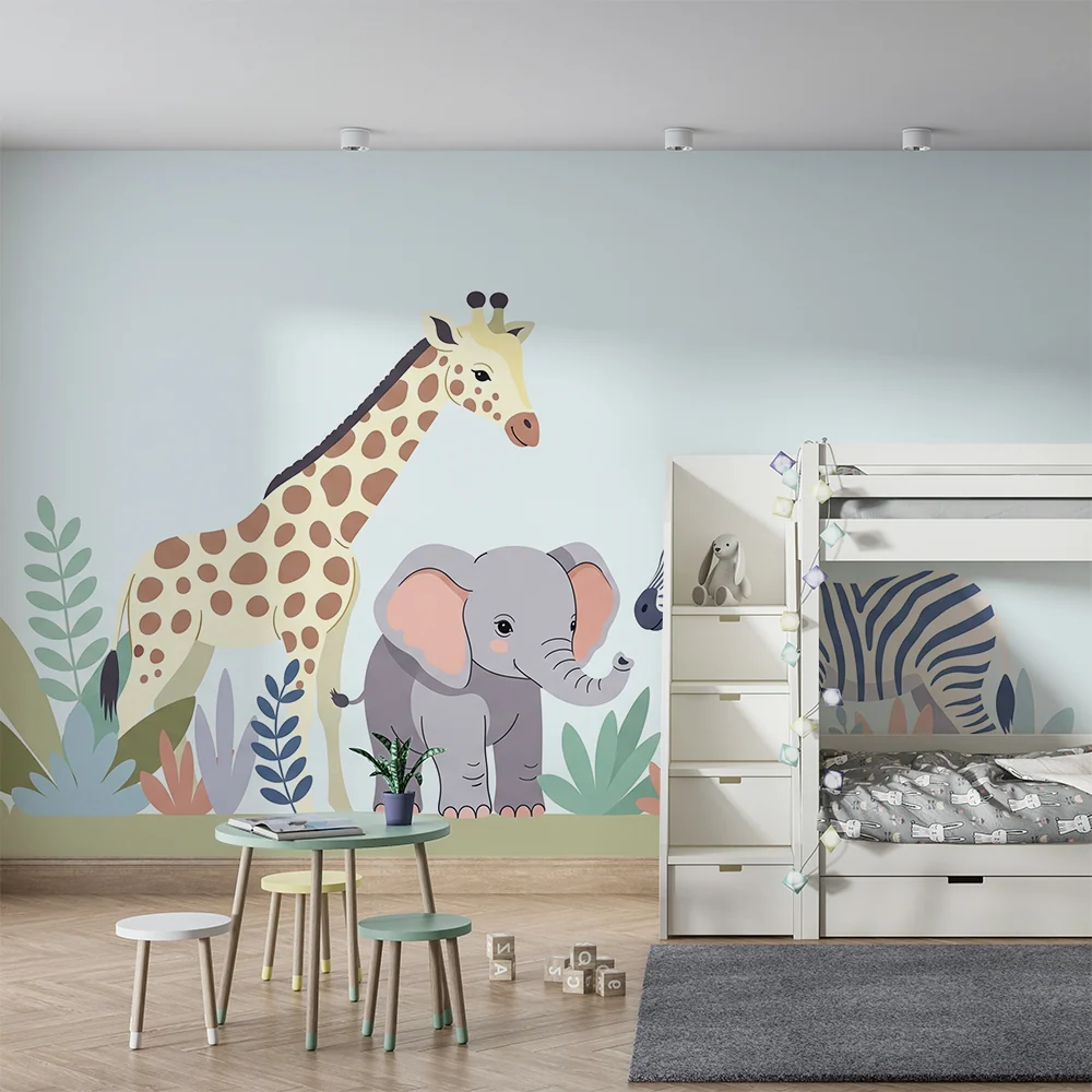 Tapet barnerom | Savannedyr med giraff, elefant og sebra